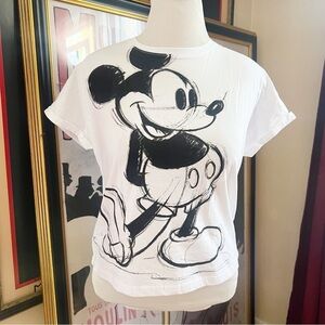 Disney: Black White Mickey Sketch Drawing Cuffed Short Sleeve 100% Cotton Shirt